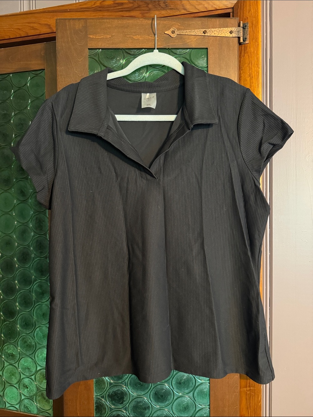 CALIA by Carrie Underwood Black Pinstripe Short-Sleeve Polo Blouse